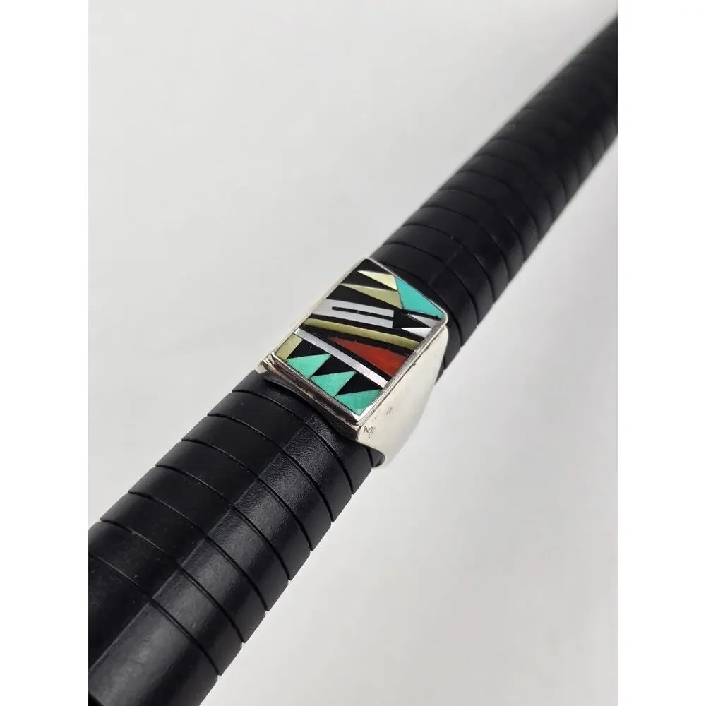 Zuni Bowannie Men's Sterling Inlay Signet Ring size 11 Turquoise Coral Shell